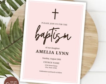 Plantilla de invitación de bautizo rosa: Invitación editable para bautizo de niña (descarga digital)