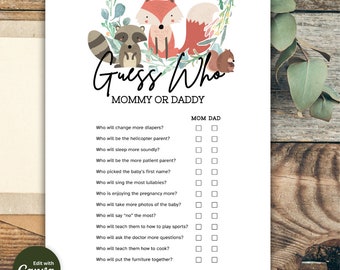 May include: A printable baby shower game with a woodland theme. The game asks guests to guess who will do certain things, like change more nappies or sing more lullabies, between the mum and dad. The game features illustrations of a fox, raccoon, and squirrel.
