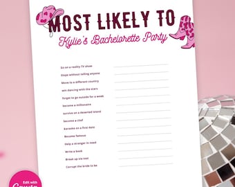 Cowgirl Bachelorette Party Game: Most Likely To (Editable Template)