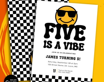 Retro Five is a Vibe Birthday Invitation: Smiley Face (Editable Canva Template)