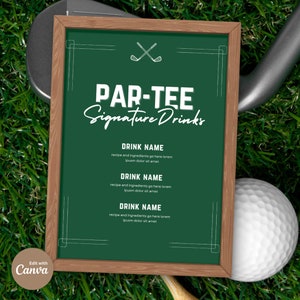 Modelo de menu de bebidas editável do Golf Birthday Par-tee, download instantâneo do menu de bebidas da festa de golfe, menu de bebidas exclusivas do Golf Par-tee