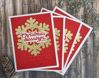 Christmas Card, Holiday Card, Snowflake, Sparkly, Christmas Blessings, Joy, Red