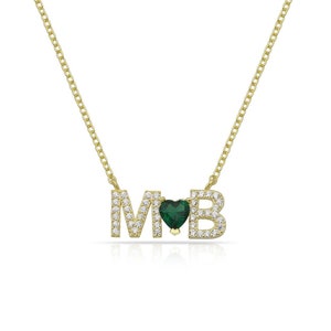 Pave Initials with Heart Stone Necklace