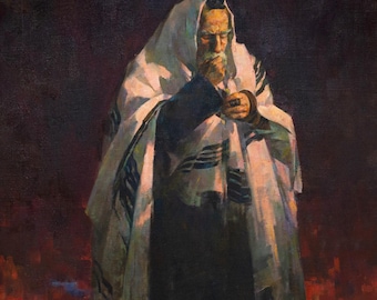 Gesigneerde joodse gebedskunstreproductie, canvas of papier