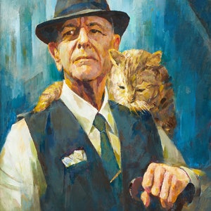 May include: A painting of a man wearing a black fedora and a waistcoat with a cat on his shoulder. The man is holding a walking stick in his right hand. The background is a blue and white abstract design.