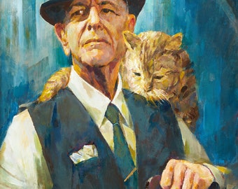 Retrato de Leonard Cohen, impresión artística en lienzo firmada