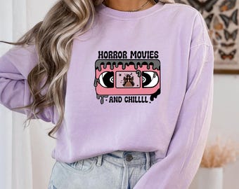 Sudadera de películas de terror y relajación, sudadera de películas de terror, sudadera de Halloween, sudadera de cuello redondo espeluznante, sudadera de cuello redondo de otoño, sudaderas de mujer,