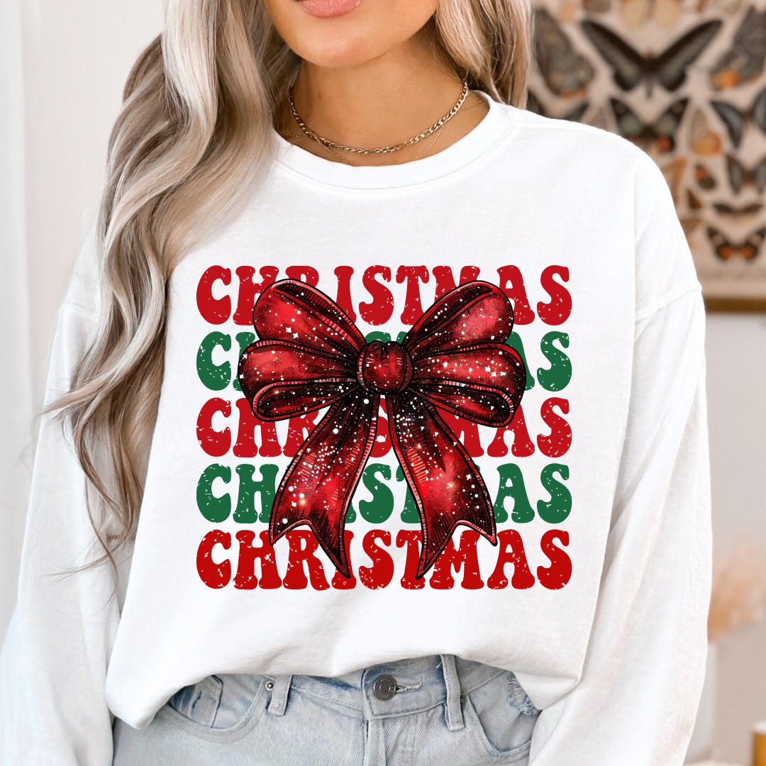 Full Size Corded Rib Sequin Santa Bow Patched Drop Shoulder Sweatshirt Plus Size