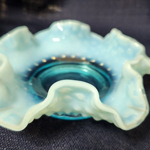 Vintage Fenton Blue Opalescent Hobnail Ruffled Bowl