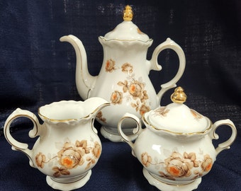 Vintage Winterling Bavaria Bone China Teapot, Cream & Sugar Bowl in Norway Rose Pattern