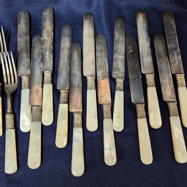 Antique Landers, Frary & Clark Aetna Works Silver Knives and Forks with Mother of Pearl Handles C.1890