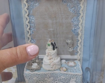 Miniature Room Box Wedding Cake Table Settee Dishes presents Diorama