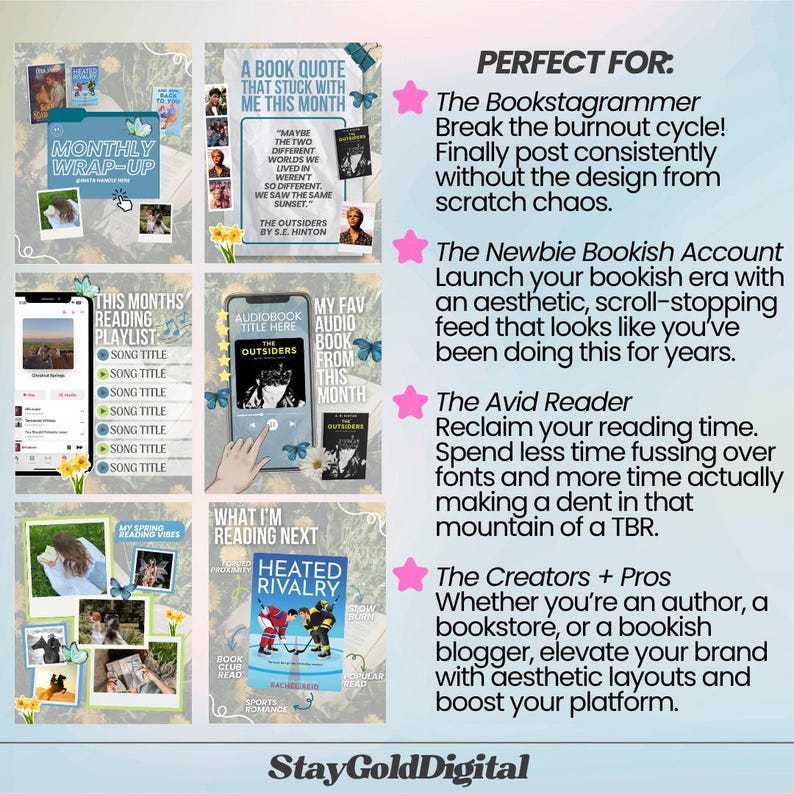 May include: A digital graphic featuring book-related layouts, including a reading playlist, quotes, and book covers. Text includes "Monthly Wrap-Up," "This Month's Reading Playlist," and "What I'm Reading Next." The graphic is designed for book enthusiasts.