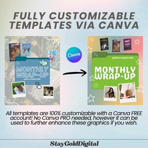 May include: An advertisement for Canva templates. The image shows a before-and-after comparison of a "Monthly Wrap-Up" design. The text includes "Fully Customizable Templates via Canva" and "All templates are 100% customizable with a Canva FREE account!"