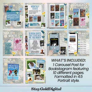 May include: A Bookstagram carousel post with 10 pages, formatted in 4:5 portrait style. The pages feature book covers, quotes, and reading stats. Includes the text "Monthly Wrap-Up," "Book of the Month," and "What I'm Reading Next."