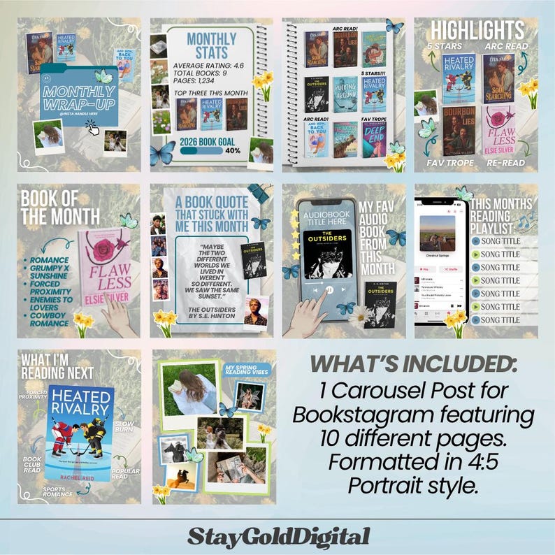 May include: A Bookstagram carousel post with 10 pages, formatted in 4:5 portrait style. The pages feature book covers, quotes, and reading stats. Includes the text "Monthly Wrap-Up," "Book of the Month," and "What I'm Reading Next."