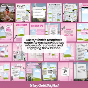 May include: A collection of pink-themed digital social media templates for book marketing, featuring various layouts with placeholders for text and images, including headings like Meet the Author, ARC Sign-ups, Giveaway, and Pre-order.