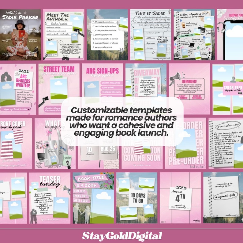 May include: A collection of pink-themed digital social media templates for book marketing, featuring various layouts with placeholders for text and images, including headings like Meet the Author, ARC Sign-ups, Giveaway, and Pre-order.