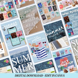 Può includere: Una collezione di modelli digitali a tema estivo, con copertine di libri, liste di lettura e schede di recensione. I design incorporano immagini di spiaggia, accenti floreali e il testo "Summer" e "Digital Download - Edit in Canva."