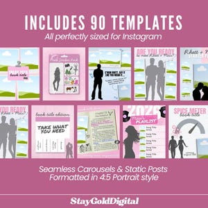 May include: A collection of 90 digital social media templates featuring pink and white designs with various layouts, silhouettes of people, text placeholders, and graphic elements like a spice meter, playlist, and sticker pack for Instagram.
