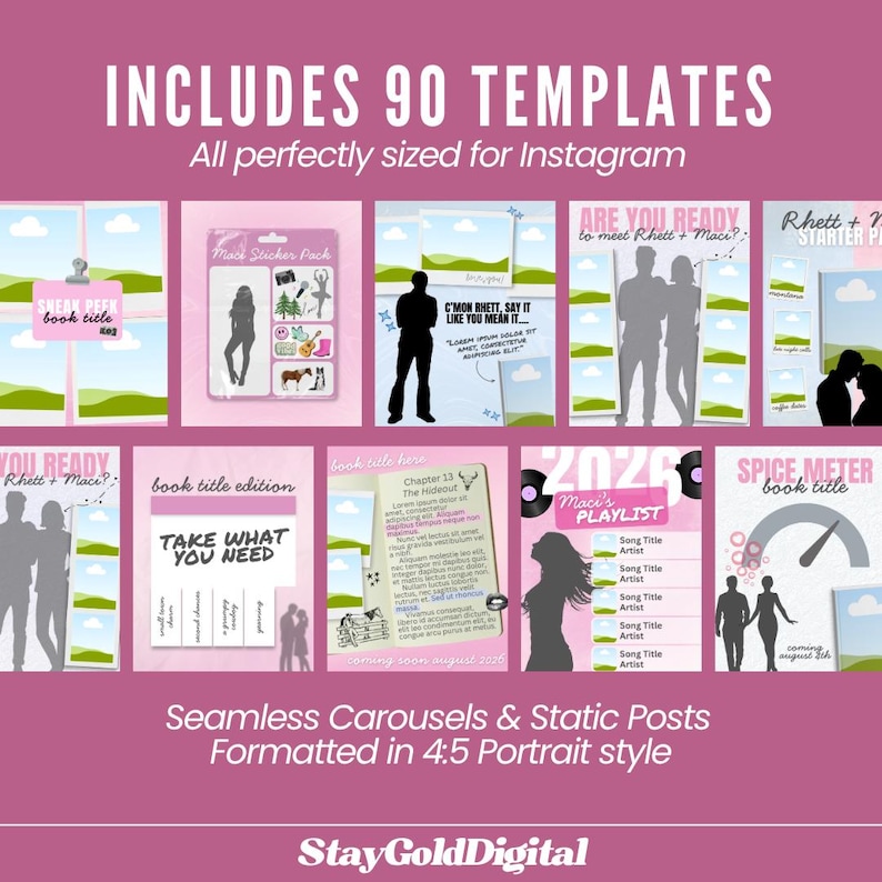 May include: A collection of 90 digital social media templates featuring pink and white designs with various layouts, silhouettes of people, text placeholders, and graphic elements like a spice meter, playlist, and sticker pack for Instagram.