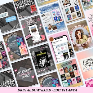 May include: A collection of digital templates for social media, featuring book covers, reading lists, and quotes. The templates are in shades of pink, white, and black, with text like "My Favorite Romance Books" and "Digital Download - Edit in Canva."