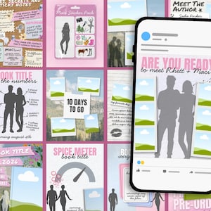 May include: A digital collage featuring multiple panels of book promotional graphics, including silhouettes of a couple, polaroid-style landscape photos, text overlays like 10 DAYS TO GO, and a smartphone screen displaying a social media post interface.