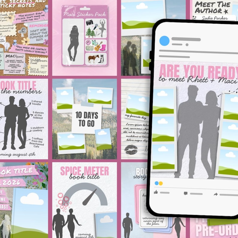 May include: A digital collage featuring multiple panels of book promotional graphics, including silhouettes of a couple, polaroid-style landscape photos, text overlays like 10 DAYS TO GO, and a smartphone screen displaying a social media post interface.