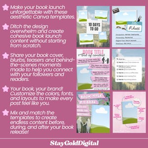 May include: A set of digital Canva templates for book marketing displayed on a pink background. The templates feature various layouts including countdowns, character profiles, quote graphics, search bars, and trope reveals with text.