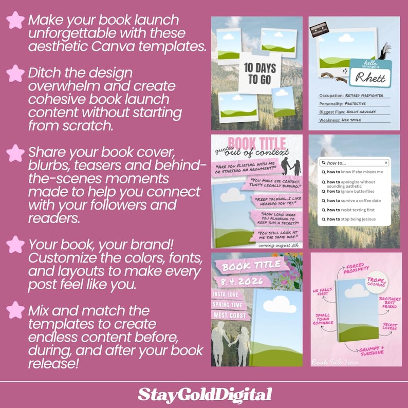 May include: A set of digital Canva templates for book marketing displayed on a pink background. The templates feature various layouts including countdowns, character profiles, quote graphics, search bars, and trope reveals with text.