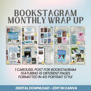 May include: A digital download Bookstagram monthly wrap-up template. The design features ten different pages in a 4:5 portrait style. The template includes text and images, with the words "Bookstagram Monthly Wrap Up" at the top.