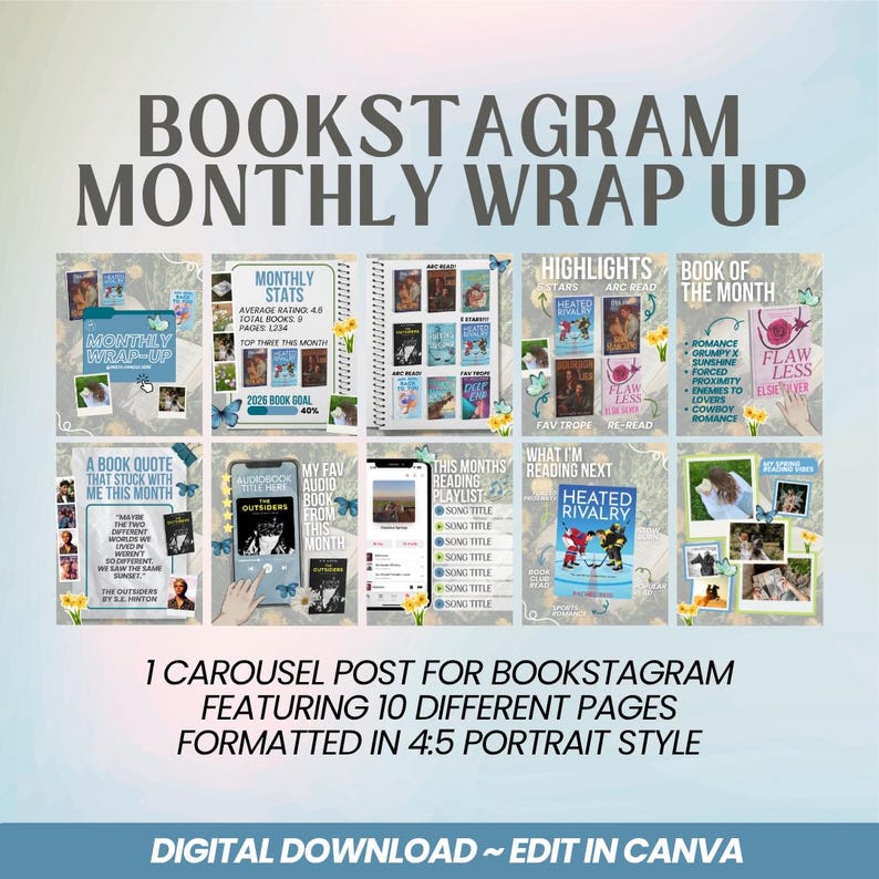 May include: A digital download Bookstagram monthly wrap-up template. The design features ten different pages in a 4:5 portrait style. The template includes text and images, with the words "Bookstagram Monthly Wrap Up" at the top.