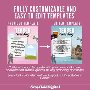 May include: A digital graphic showing two book teaser templates. The left side is a pink template with placeholder text and a book cover. The right side is a blue edited version with custom text, a book cover, and photos. Text reads: FULLY CUSTOMIZABLE AND EASY TO EDIT TEMPLATES, TEASER TUESDAY, and StayGoldDigital.