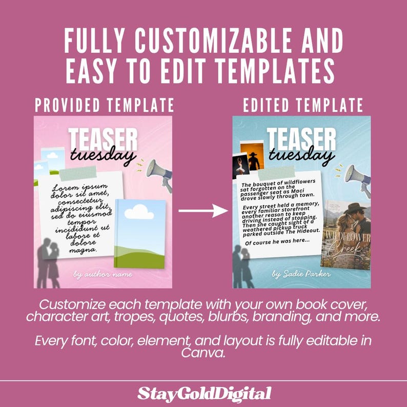 May include: A digital graphic showing two book teaser templates. The left side is a pink template with placeholder text and a book cover. The right side is a blue edited version with custom text, a book cover, and photos. Text reads: FULLY CUSTOMIZABLE AND EASY TO EDIT TEMPLATES, TEASER TUESDAY, and StayGoldDigital.