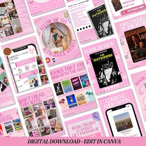 May include: A pink digital download template with various book-related graphics. Includes book covers, reviews, reading routines, and the text "DIGITAL DOWNLOAD - EDIT IN CANVA". The overall theme is centered around books and reading.