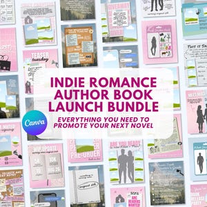 May include: A digital marketing bundle for indie romance authors featuring various promotional templates, social media graphics, and book launch materials with pink and white color schemes, text overlays, and silhouettes of couples.