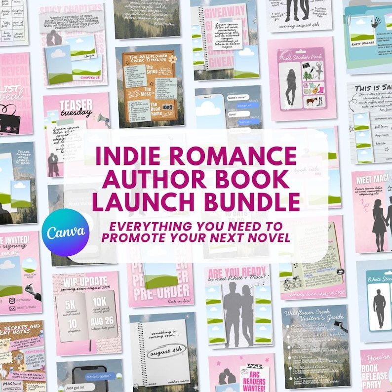May include: A digital marketing bundle for indie romance authors featuring various promotional templates, social media graphics, and book launch materials with pink and white color schemes, text overlays, and silhouettes of couples.