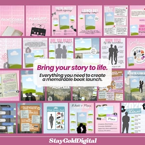 May include: A digital marketing kit for book launches featuring various pink and white templates, including social media graphics, book cover reveals, character profiles, timelines, and sticker packs with text like Bring your story to life.