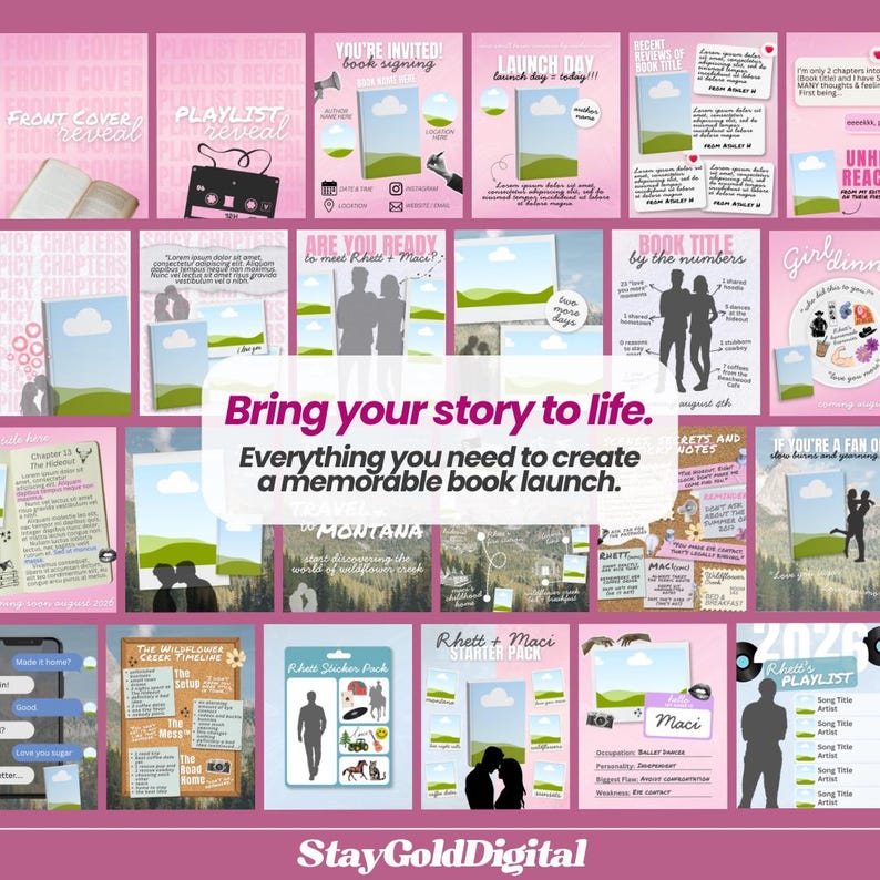 May include: A digital marketing kit for book launches featuring various pink and white templates, including social media graphics, book cover reveals, character profiles, timelines, and sticker packs with text like Bring your story to life.