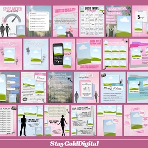 May include: A digital collection of book marketing templates featuring pink and blue color schemes, including bingo cards, character profiles, text message mockups, playlists, and social media graphics with placeholders for book titles and author names.
