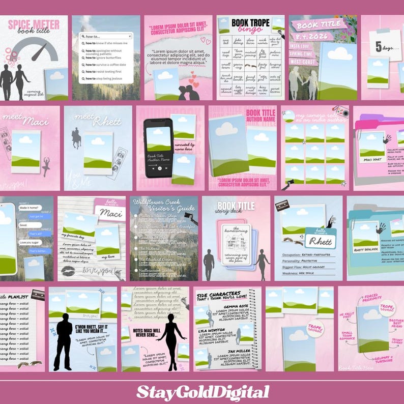 May include: A digital collection of book marketing templates featuring pink and blue color schemes, including bingo cards, character profiles, text message mockups, playlists, and social media graphics with placeholders for book titles and author names.