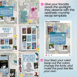 May include: A digital template for a monthly book review. The design features book covers, a monthly wrap-up section, and a quote. The template is customisable, allowing users to change colours and fonts to suit their preferences.