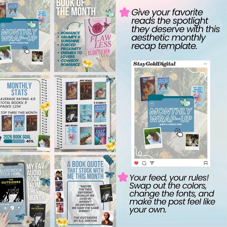 May include: A digital template for a monthly book review. The design features book covers, a monthly wrap-up section, and a quote. The template is customisable, allowing users to change colours and fonts to suit their preferences.