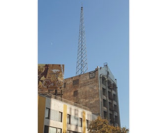 Urban Architecture and Billboard Print, Vintage Building with Antenna, Moon Over Cityscape Art - 16x24