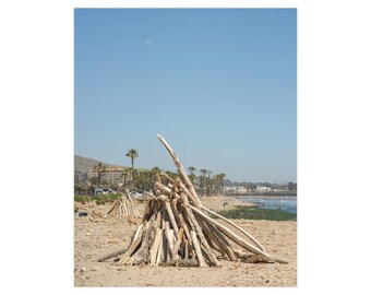 Beach Driftwood Teepee Print - Ventura Shoreline Art, 16x20 Vertical Beachscape, California Coast Photography, Limited Edition Wall Decor