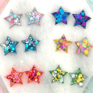 Handmade Star Resin Stud Earrings With Glitter. 6 gorgeous colours, solid stirling silver posts. Perfect present or treat yourself!