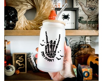 Stay Spooky frosted glass cup, 16oz glass cup, bats, goth cup, spooky cup, spooky gift, skeleton cup, iced coffee cup, goth, witchy gift