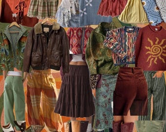Pode incluir: Uma colagem de roupas vintage, incluindo jaquetas, tops, saias, calças e botas. A paleta de cores inclui tons de marrom, verde, laranja e azul. O estilo lembra a década de 1970, com foco em texturas e padrões.