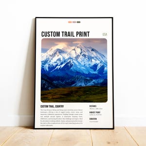 May include: A framed print featuring a mountain landscape with the text "CUSTOM TRAIL PRINT". The print includes trail details such as distance (782 km), highest point (4,034 m), and duration. The print is in a black frame.