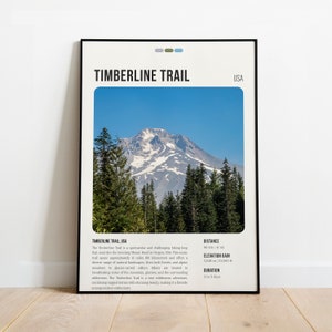 May include: A poster with a minimalist design featuring a photograph of Mount Hood, a snow-capped mountain in Oregon, USA. The poster includes the text "Timberline Trail" and details about the trail, including its distance, elevation gain, and duration.